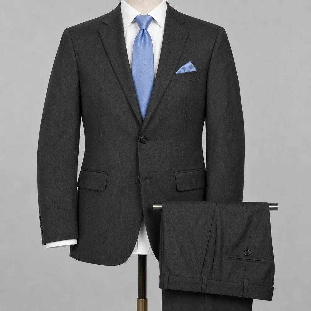 Jos. A Bank 2 Piece Suit Mens 41L 34x33 Wool Charcoal Gray Modern Flat Front